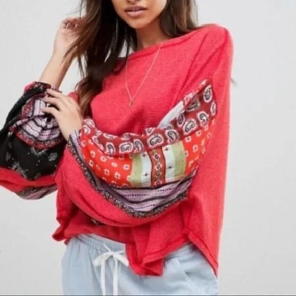 We The Free People Blossom Thermal Balloon Sleeve Oversized Pullover Top XS Boho - Picture 1 of 11
